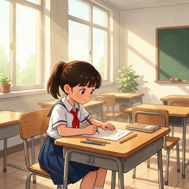 参考图中的小女孩外貌和穿着，马尾辫小学生女孩，穿着白衬衫深蓝色百褶裙红领巾，在明亮的教室里坐在课桌前写信，卡通风格，温馨安静的氛围预览效果