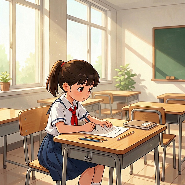 参考图中的小女孩外貌和穿着，马尾辫小学生女孩，穿着白衬衫深蓝色百褶裙红领巾，在明亮的教室里坐在课桌前写信，卡通风格，温馨安静的氛围