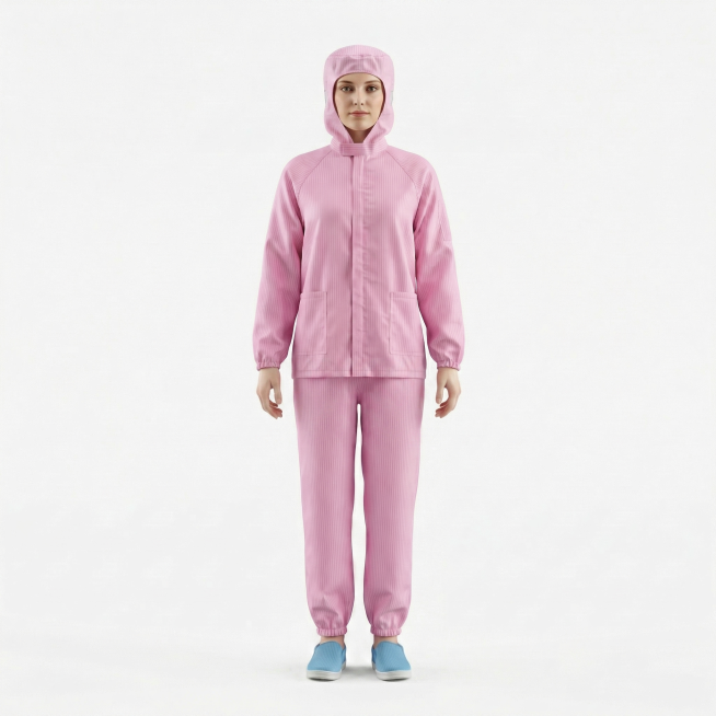肤色白皙的外国女性穿着这件粉色连帽分体防护服，保持服装款式和条纹细节不变，添加真实人体模特，高质感，高清商业摄影，纯色背景预览效果