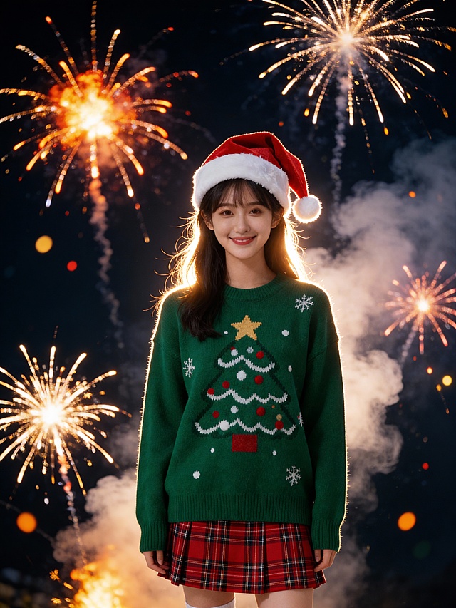 软3D动漫风少女身着圣诞毛衣与格纹裙，头戴红帽，背景烟花绽放，营造喜庆梦幻的温馨甜蜜圣诞夜。