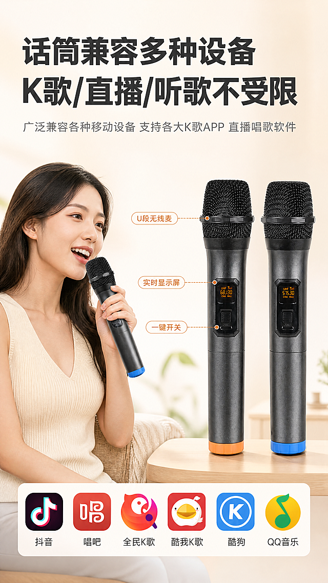 [商品] 使用【图10】双无线麦克风+手持唱歌图；保留双麦克风黑色主体、显示屏、按键、底部蓝橙配色、女性手持唱歌姿势的结构、颜色、材质和比例；产品原貌不变，优化人物和场景融合。
[画面] 目标：双麦对唱+多APP兼容，K歌直播听歌全场景。构图：上标题+中部双麦主体+左侧人物唱歌+底部APP图标；双麦克风竖立于右侧，显示屏清晰；左侧为女性手持话筒唱歌的半身像（亚洲女性，自然表情）；底部横向排列6个K歌/音乐APP图标；背景为浅米色渐变，干净明亮。
[视觉] 套系策略：风格=国内数码家电商业精修风，科技感+温馨家居结合；标题字=思源黑体粗体，大字厚重；正文字=思源黑体常规，清晰易读；主色=深棕木纹色+黑色；背景延展=暖米色渐变背景，同色系深浅层级，细腻质感；强调色=暖橙色，用于高亮标签、图标边框；标题色=深炭灰；正文色=中暖灰；组件=圆角APP图标卡片、细线引线标注；光影=左前侧柔光，人物自然。
[文字] 顶部主标题"话筒兼容多种设备 K歌/直播/听歌不受限"（深炭灰粗体大字，分两行）；副标题"广泛兼容各种移动设备 支持各大K歌APP 直播唱歌软件"（中灰色小字）；麦克风旁用细线标注："U段无线麦""实时显示屏""一键开关"；底部6个APP图标+名称横排："抖音""唱吧""全民K歌""酷我K歌""酷狗""QQ音乐"；所有文字横排。
[规格] 图片比例9:16竖版，4K，负向提示：避免产品变形、错字乱码、文字过小、人物失真、APP图标错误、商品颜色改变、冷蓝背景。