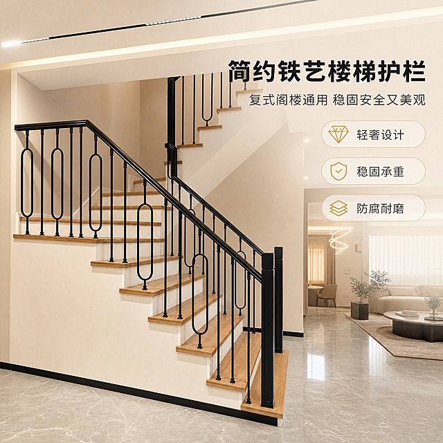[商品] 使用【图1】和【图2】现代简约铁艺楼梯扶手护栏；保留黑色哑光铁艺材质、U型椭圆竖杆、圆管扶手、方形立柱的结构与比例，保留楼梯踏步安装和二层临空安装两种形态；商品处理：去除画面中的纸箱、扫帚、粉色小凳子等杂物，保留护栏主体结构、颜色和材质，增强铁艺金属质感和表面细腻度，不改变产品造型。
[画面] 页面目标：专业头图，展示产品在现代复式家居中的整体效果，建立轻奢简约第一印象。构图：居中偏左展示楼梯护栏全貌，右侧留白放文案，主体占画面约65%。景别：中全景，从楼梯底部向上仰视，展现复式空间的通透感。前中后景：前景为干净的灰色大理石地面，中景为黑色铁艺楼梯护栏+原木踏步，后景为暖米色墙面+无主灯吊顶。场景：现代简约风格复式客厅，暖调灯光，干净整洁的家居环境。
[视觉] 套系策略：风格=现代轻奢家居商业摄影风；标题字=思源黑体粗体；正文字=思源黑体常规体；主色=哑光黑+暖米杏；背景延展=基于暖米杏做深浅渐变、同色系墙面和地面质感延展；强调色=暖金色，仅用于小面积图标、引线和标签点缀；标题色=深炭黑；正文色=中暖灰；组件=圆角浅底信息卡、细线引线、简约图标；光影=左前侧暖柔光，自然室内天光感，护栏金属表面有细腻高光。
[文字] 右上区域放主标题、副标题和3个短卖点标签，不遮挡护栏主体结构。主标题：简约铁艺楼梯护栏；副标题：复式阁楼通用 稳固安全又美观；卖点标签：轻奢设计、稳固承重、防腐耐磨。文字均为横排，层级清晰，手机端可读。
[规格] 图片比例1:1方版，分辨率4K，负向提示：避免变形、错字、文字过小、杂物残留、颜色改变、结构失真、冷蓝灰背景、极限词。