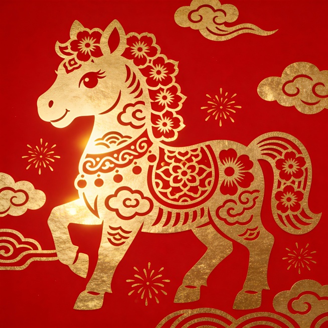 传统剪纸风格的生肖马设计，一匹可爱的小马形象，由红色和金色的剪纸图案构成。马的鬃毛和尾巴是盛开的花朵形状，身上装饰着繁复的回纹和祥云图案。面带微笑，背景是纯红色，点缀着金色的祥云和烟花图案。整体风格喜预览效果