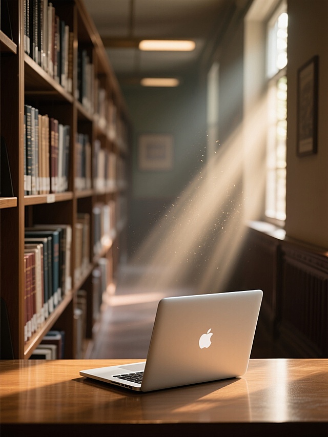图书馆内，光影交织，弥散光风营造静谧文艺氛围，简约主义设计尽显优雅。