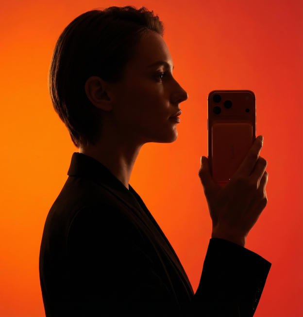「图片1」极简商业广告摄影风格，时尚大片，人物近景特写，欧美模特侧影轮廓，短发，手拿产品x，身穿黑色外套。背景为高饱和渐变暖色调（橙红到深红过渡），采用逆光剪影效果，强化明暗对比与人物边缘清晰度，突出预览效果
