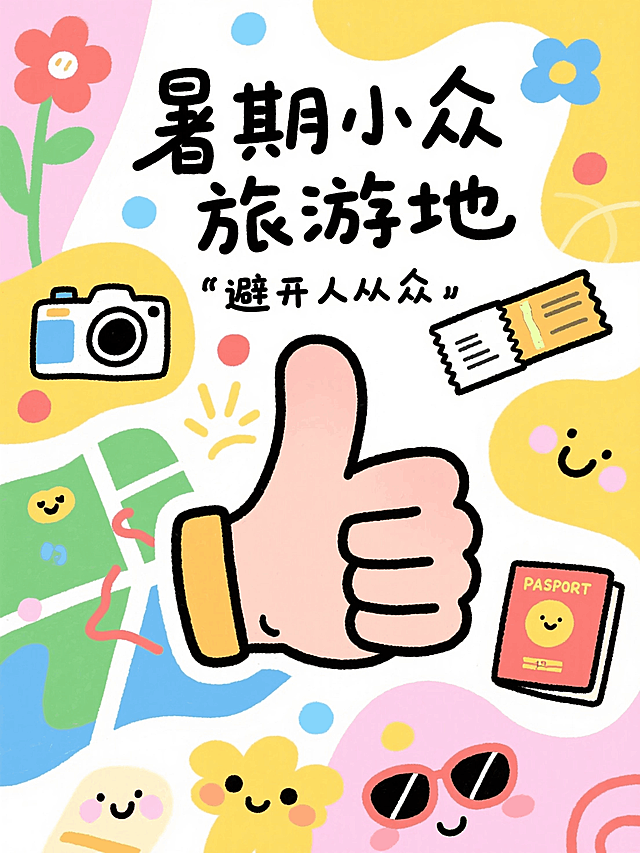 稚气感涂鸦手绘，主体为一个比赞的大拇指，主标题为手写花字“暑期小众旅游地”，副标题小字为”避开人从众“，背景为相机、地图、机票、护照、墨镜等可爱手绘元素组成