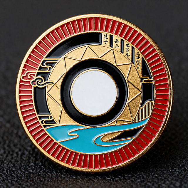 长沙城市抽象文化徽章设计，正圆形珐琅金属徽章，严格中心对称构图，三环嵌套精致结构，内环圆形留白象征橘子洲，中环层叠几何折线代表岳麓山，流动柔和曲线代表湘江，外环细密放射线条象征星城烟火气与媒体艺术之都，融入抽象楚式云纹、里耶秦简竖纹肌理，无任何具象地标、无建筑、无人物、无文字、无写实元素，现代国风极简风格，线条流畅干净利落，高级低饱和配色：朱砂红、墨黑、暖金、湘水蓝，金属浮雕质感，珐琅填色工艺，亮面烫金，磨砂底纹，光影柔和细腻，边缘规整圆润，无畸变无杂边无AI错误，8K超高清，印刷级精度，文创比赛级作品，画面完整居中