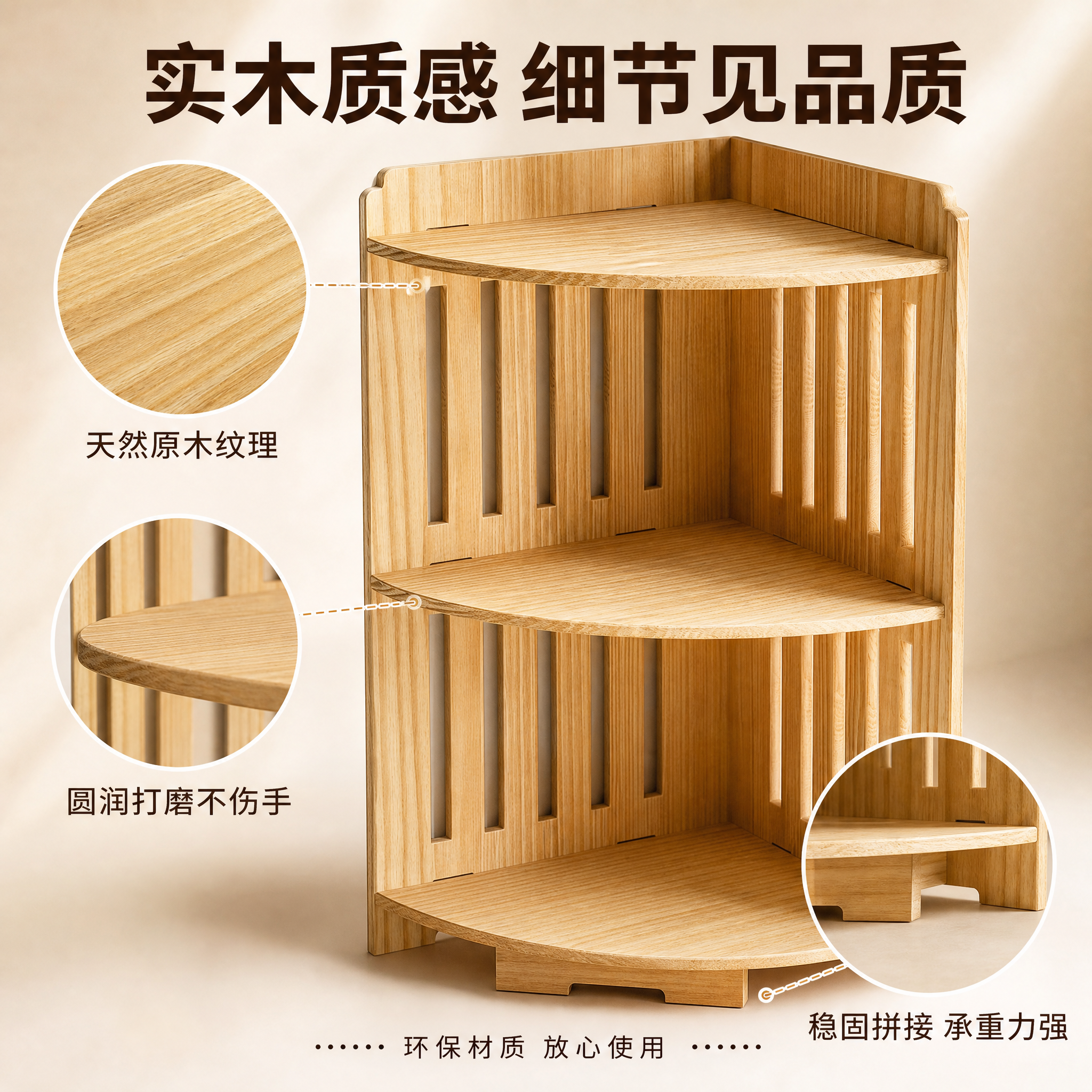 [主图-3] 两层木质角落架材质细节与品质展示图。 [氛围风格… - 图片创意预览