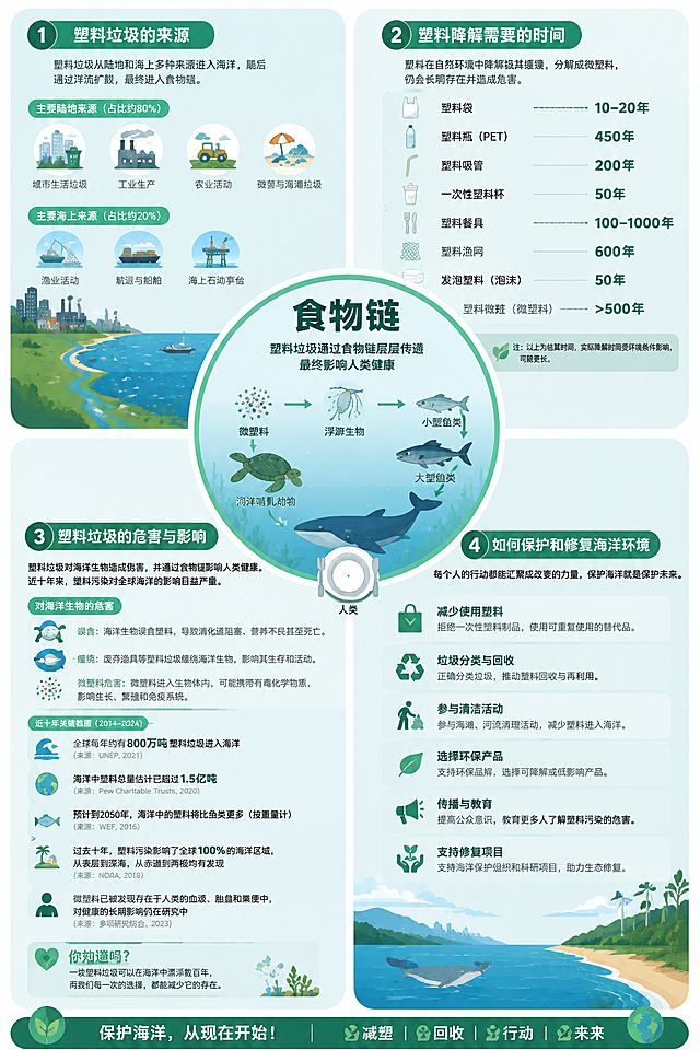 信息可视化信息图，主题名字为"食物链"，中心构图，四周分布四个板块内容：第一个板块塑料垃圾的来源，第二个板块介绍各种塑料降解需要的准确时间，第三个板块展示海洋生物因塑料垃圾带来的危害和影响，包含近十年来塑料垃圾对世界海洋影响的正确数据，第四个板块介绍如何保护和修复海洋环境，配色清新舒适环保风格，内容准确排版清晰，扁平化科普设计