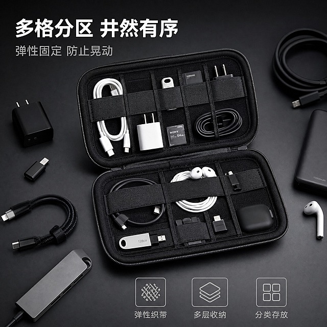 [主图-4] 主题：内部多格分区收纳展示。唯一任务：清晰展示产品内部的多格弹性带分区结构，体现收纳能力和条理性。
[统一基调] 高级商业大片风格，深灰黑色调为主，搭配冷调环境光，主标题白色粗体无衬线字体，辅助文字浅灰色，强调色用金属银灰，整体简洁有质感，电影级光影。
[画面] 收纳包完全打开平放在深灰色台面上，内部朝上，45度俯视角度，主体占画面70%。清晰展示内部上下两层的弹性织带分格结构，格子整齐排列。在部分格子里放入真实的数码小配件：数据线、耳机、U盘、内存卡、充电器头等，颜色以黑、白、银为主，保持高级感。产品周围的台面上散落少量同款数码配件，暗示收纳容量。背景是虚化的深灰色，突出产品内部结构。
[光影质感] 顶部柔光箱布光，内部每个格子都清晰可见，绒面内衬的质感和弹性织带的纹理都真实呈现，产品边缘有自然的厚度阴影，不悬浮。
[配色] 黑色内部，深灰背景，数码配件黑白银色系，文字白色，整体统一高级。
[文字版式] 左上角主标题"多格分区 井然有序"，下方副标题"弹性固定 防止晃动"。画面底部有三个小标签分别标注"弹性织带"、"多层收纳"、"分类存放"。文字不遮挡内部结构。
[输出要求] 1:1正方形比例，2K分辨率，内部结构清晰，产品细节锐利。禁止变形、错字、模糊、杂物过多、水印、平台Logo。