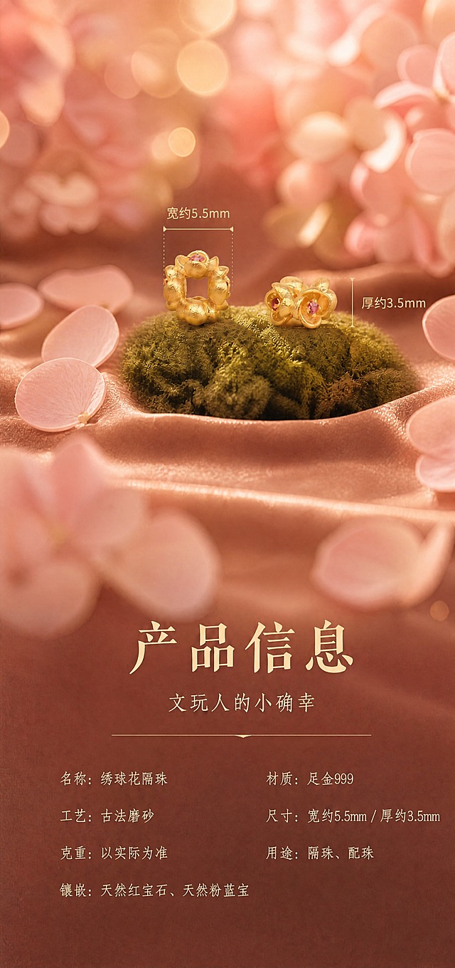 将这张图片的整体色调统一为暖粉棕调，与参考图3/4/5的色调保持一致。具体调整：1. 背景的紫绿色绣球花改为淡粉色绣球花，暖调；2. 深棕色台面和丝绒改为暖粉棕丝绒质感，偏暖粉调而非冷棕；3. 绿色苔藓保持自然绿色但偏暖，不要冷绿；4. 整体色温提高，去除冷紫调冷绿调，增加暖金色和暖粉色；5. 光斑散景改为暖金色和淡粉色，而非冷紫色；6. 散落的花瓣改为淡粉色绣球花瓣；7. 黄金产品保持足金原色，温润黄金色泽，禁止发白发银；8. 所有文字内容、排版、产品造型、尺寸标注线、参数信息完全保留不变，只调整色调氛围。整体效果要像图3/4/5那样温暖、粉调、轻奢。
