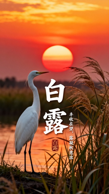 画面主体为夕阳落暮的红日，白鹭和芦苇。中间有白露两字居中，白鹭站在芦苇边望向落日，右下有一列小字“丰收在望，露凝秋意浓”，下面印章刻着白露二字预览效果