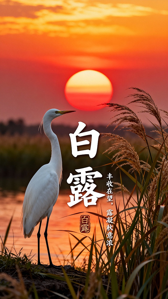 画面主体为夕阳落暮的红日，白鹭和芦苇。中间有白露两字居中，白鹭站在芦苇边望向落日，右下有一列小字“丰收在望，露凝秋意浓”，下面印章刻着白露二字