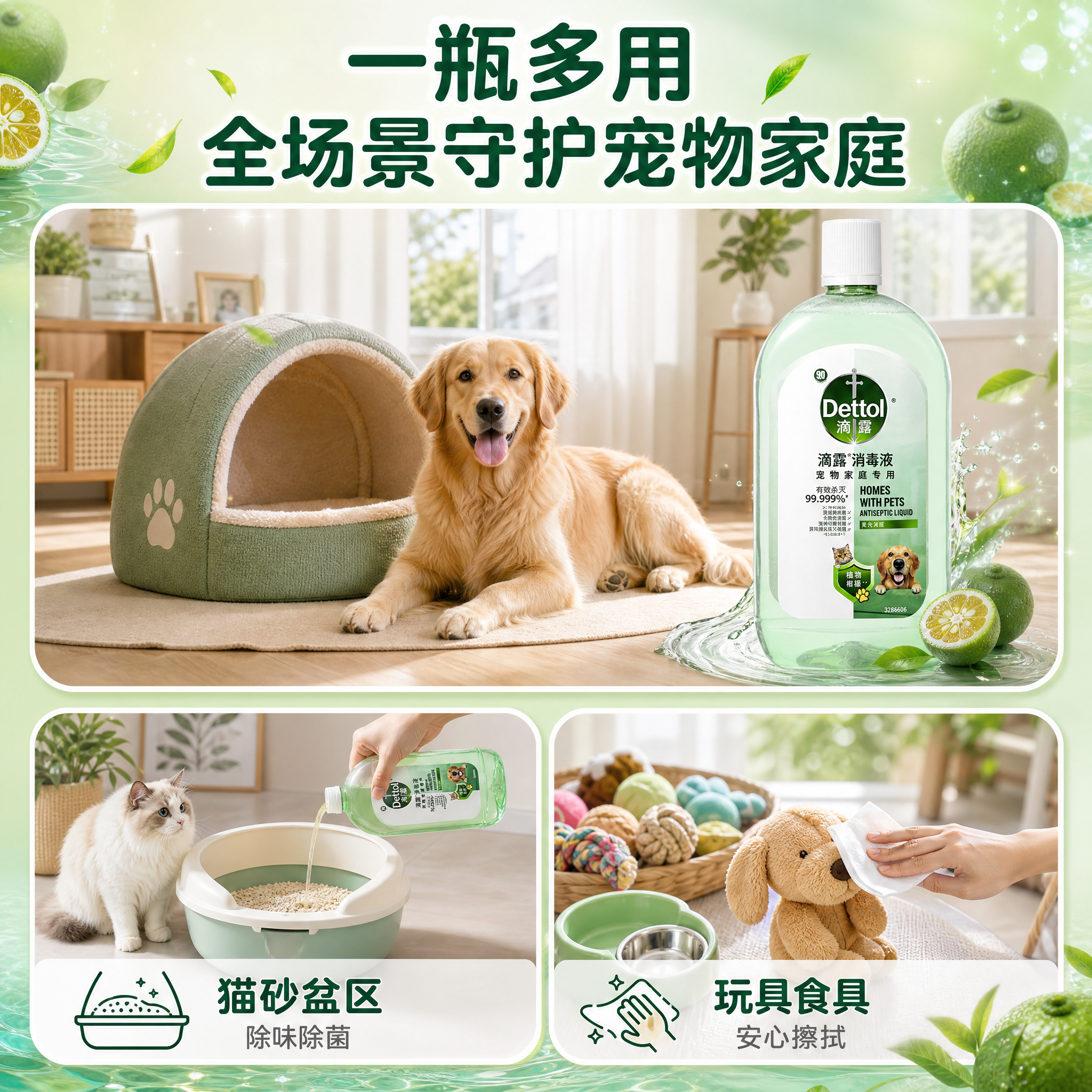 [主图-4] 滴露宠物消毒液多场景使用图，展示宠物家庭中多个适… - 图片创意预览