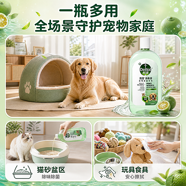 [主图-4] 滴露宠物消毒液多场景使用图，展示宠物家庭中多个适用场景，证明产品适用范围广、使用方便，内容充实丰富。
[统一基调] 整体高亮清新风格，主背景为茶语青柑主题满铺背景——青绿色渐变中融入青柑果实、茶叶叶片、清新水波纹和柔光粒子，营造清透洁净的茶香氛围；辅助色为白色、浅薄荷绿；强调色为深青绿、金色；卡片为白色圆角半透明卡片；图标为线性清新图标；标题字色为深青绿，辅助文字为深灰。字体用圆润饱满的无衬线圆体，专业亲和。
[画面] 画面采用一大两小的场景宫格布局：上方大场景是明亮的客厅宠物角，一只金毛犬趴在干净的狗窝旁，旁边的地板上放着滴露宠物消毒液，环境整洁清新，有淡淡的茶香氛围；下方左右两个小场景卡片：左边卡片展示宠物厕所/猫砂盆区域清洁使用场景，配文猫砂盆区 除味除菌；右边卡片展示宠物玩具食具清洁场景，配文玩具食具 安心擦拭；产品瓶身主图在画面右上角，占比约30%，清晰可辨；背景继续沿用茶语青柑元素，整体高亮；画面顶部有大标题：一瓶多用 全场景守护宠物家庭。
[光影质感] 商业摄影质感，场景光线明亮自然，客厅场景有窗光效果，温馨明亮；小卡片场景清晰真实；产品瓶身光影自然，与整体画面融合。
[配色] 主背景青绿色渐变+青柑茶叶元素，白色圆角卡片，深青绿标题字，场景内环境色温暖明亮，整体统一茶语青柑色系。
[文字版式] 顶部大标题居中，字号最大粗体；下方两个小卡片底部有白色半透明条带配说明文字，字号适中；所有文字清晰可读，不遮挡场景主体。
[输出要求] 比例1:1，2048x2048，文字清晰可读，场景真实自然，画面高亮通透；负向：禁止变形、错字、模糊、杂乱、水印、平台Logo、宠物畸形、人物面部扭曲、悬浮感、硬切边缘。
