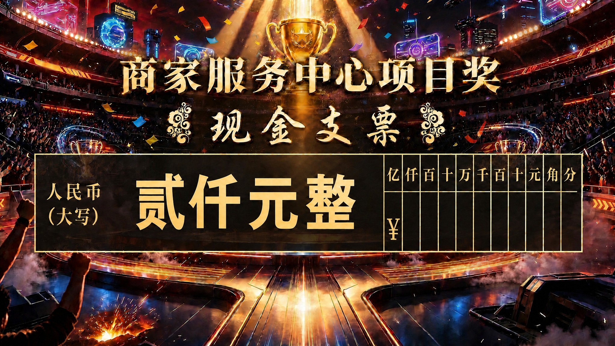 现金支票海报，赛博朋克体育场奖杯背景，金色奖杯在舞台中央，观众… - 图片创意预览