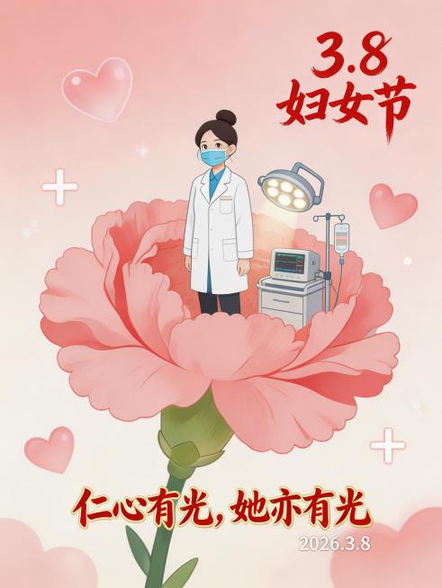 国潮扁平插画风格，一位女医生戴着口罩，站在一朵粉色康乃馨花瓣上，花瓣中是手术室无影灯与医疗设备，背景是淡粉与暖白的渐变，点缀爱心与十字光效，整体治愈明亮。右上角有红色书法字体文字“3.8 妇女节”，底预览效果