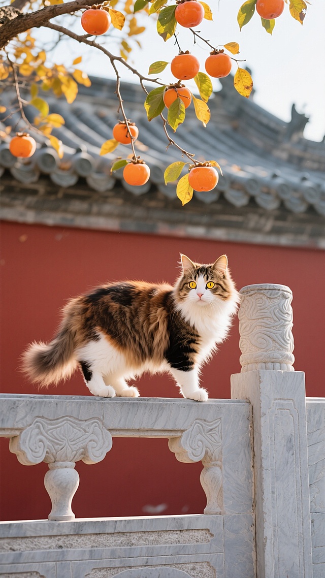一只棕白黑三色相间的长毛猫，黄色的圆眼睛，正迈着一只前爪站在带有传统花纹的灰色石栏杆上，背景是中国古建筑的红色墙壁和灰色瓦片屋顶，头顶上方是挂满橙黄色柿子和翠绿黄叶的树枝，阳光明媚，光线充足，富有秋日温暖氛围，高清写实摄影风格，色彩鲜艳和谐，细节清晰，猫的毛发柔软蓬松有光泽，整体构图平衡，充满生活气息和自然美感。