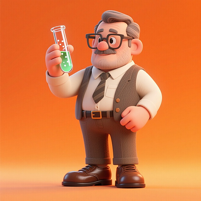 卡通感十足的软3D风设计，老人手持试管，橙色背景突出科学实验的趣味性。