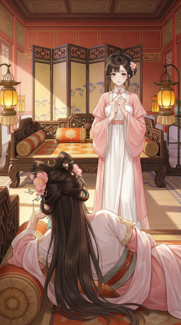 帮我生成图片:9:16，中景，正面视角，图3女人站着 参考图1 草稿 动作（双手握拳，表情担忧），图2女人为前景（只露出背影和头部） 侧躺在床上单手撑着头动作参考图1 草稿 动作，场景参考图4。去掉参预览效果
