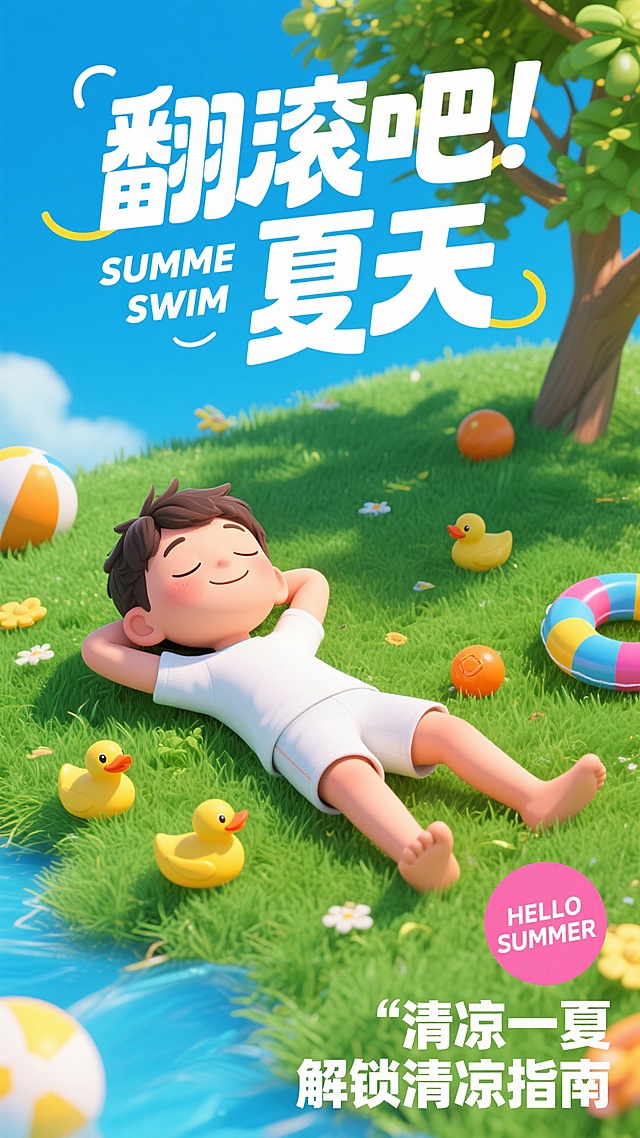 3D卡通风格海报，以明亮的蓝色为主色调，搭配白色和黄色的清爽色彩，阳光透过树叶洒下斑驳光影，营造出宁静惬意的“暑假”氛围。画面中心是一个穿着白色短袖和白色短裤的小男孩，他双眼紧闭，面带微笑，四肢舒展地躺在一片柔软的绿色草地上，双手枕在脑后，姿态放松自在。小男孩身旁散落着黄色的橡胶小鸭子、彩色的游泳圈和橙色的小皮球等夏日元素，增添活泼感。海报上方有醒目的“翻滚吧!夏天”白色艺术字标题，下方是“SUMME SWIM”的英文副标题，右下角有粉色圆形图案，内写“HELLO SUMMER”，底部则是“清凉一夏 解锁清凉指南”的白色文字，整体视觉层次分明，信息传达清晰，符合暑假宣传的设计感和目标受众的审美。