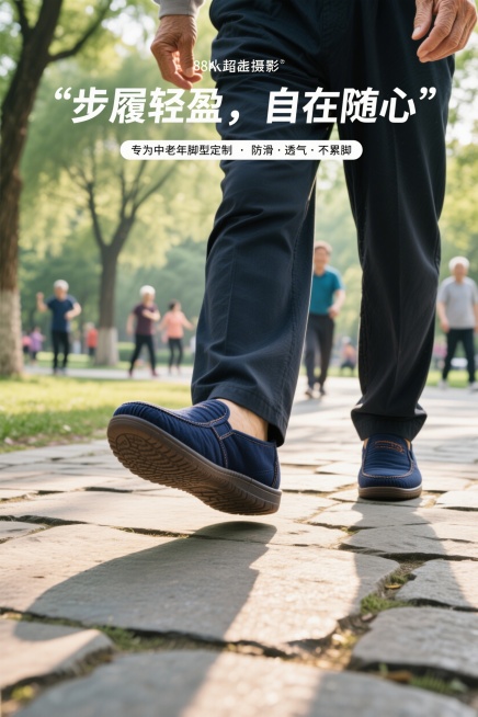 高清商业广告摄影，特写脚部，60岁左右的中国男性，面带慈祥微笑，穿着深色休闲裤和一款精致的深蓝色老北京布鞋，正走在阳光明媚的公园石板路上。鞋子占据画面主体，展示鞋子的质感和轻盈感，光线柔和温暖，背景是预览效果