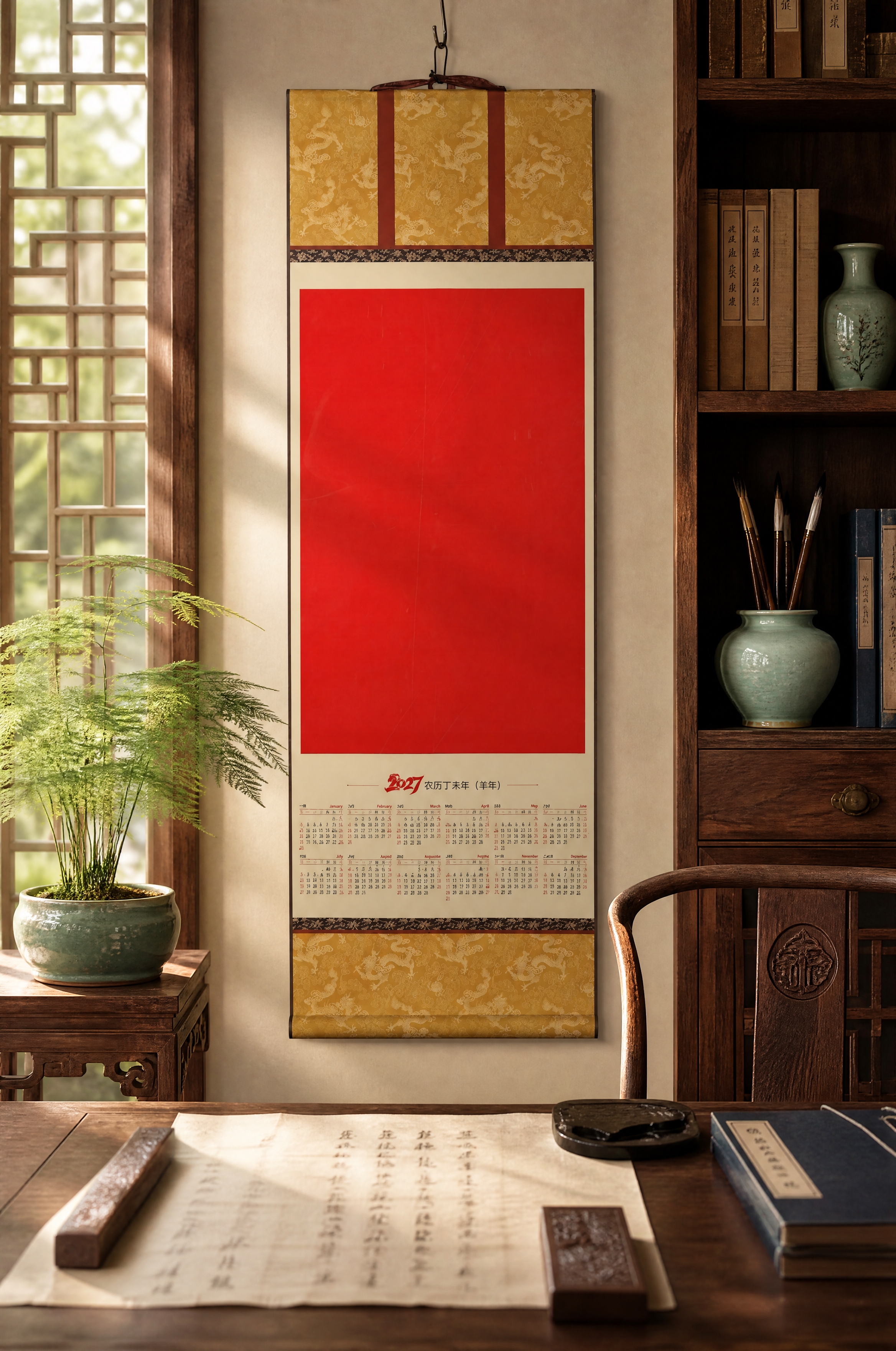 将挂历的背景替换为中式书房场景，挂历严格参照上传产品图，完整保… - 图片创意预览
