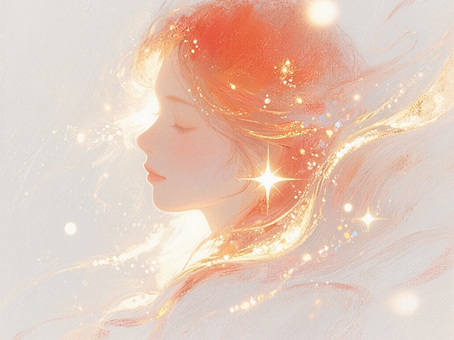 梦幻水彩插画风，柔光粒子环绕侧颜少女，鎏金发丝轻舞，光影流转间尽显唯美浪漫，如晨曦初照般温柔动人。