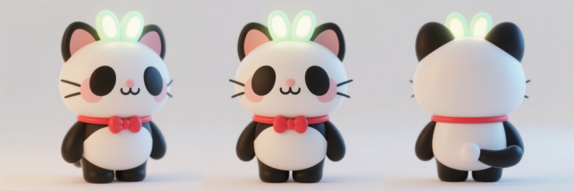 3D可爱风IP形象的三视图，主体是融合猫咪和熊猫特征的角色，圆滚滚的身体，黑白相间的毛发，尖耳朵，熊猫黑眼圈，头顶发光兔子耳朵发饰，脖子红色蝴蝶结，从正面、侧面、背面三个角度展示，每个视图清晰呈现角色预览效果