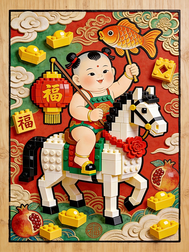 国潮风与拼贴风融合，卡通萌娃骑乐高马，手持金鱼与灯笼，浮雕质感背景衬托喜庆氛围，尽显可爱与年味。
