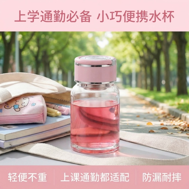 玻璃杯电商主图，首要目标是在搜索结果页中一眼抓住注意力。顶部核心信息区主标题写“上学通勤必备 小巧便携水杯”，字体清新可爱，粉色系配色。中部商品展示区居中放置这款粉色盖透明玻璃杯，杯内装着粉色花果茶，预览效果