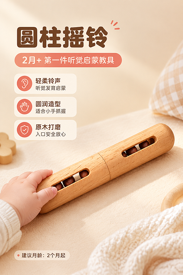 [商品] 使用【图6】圆柱摇铃教具；保留长圆柱外形、原木榉木色、表面木纹纹理、两端圆头造型、侧面两条长条形开孔及内部可见的深色滚珠结构；商品处理：增强木纹质感与滚珠的立体感，让摇铃细节更清晰精致，不改变形状和结构。
[画面] 目标为圆柱摇铃单品详情页，突出2月龄+听觉启蒙与初级抓握训练功能。左文右图构图，右侧圆柱摇铃斜向放置占画面约50%，摇铃下方有柔和投影；背景为浅米色渐变，左下角有一只婴儿小手（仅手部，不露脸）轻轻触碰摇铃的温馨场景，体现宝宝抓握使用；周围点缀少量柔软织物增加氛围。
[视觉] 套系策略：风格=温馨自然原木风母婴商业摄影；标题字=圆润粗黑体；正文字=简洁圆角无衬线体；主色=原木浅棕+米白；背景延展=基于米白与浅木色做深浅渐变、同色系柔和过渡、细腻纸张/织物质感；强调色=暖珊瑚红，仅用于小面积图标、引线、标签和重点文字高亮；标题色=深暖棕；正文色=中暖灰；组件=圆角浅底信息卡、细线引线、圆点装饰；光影=左前侧暖柔光，柔和阴影。
[文字] 左侧上方主标题"圆柱摇铃"，副标题"2月+ 第一件听觉启蒙教具"；下方三个圆角卖点卡："轻柔铃声 听觉发育启蒙""圆润造型 适合小手抓握""原木打磨 入口安全放心"；底部小字标注"建议月龄：2个月起"。
[规格] 图片比例2:3竖版，4K，避免变形、错字、文字过小、冷蓝/冷灰背景、摇铃形状改变、滚珠结构错乱、颜色失真。