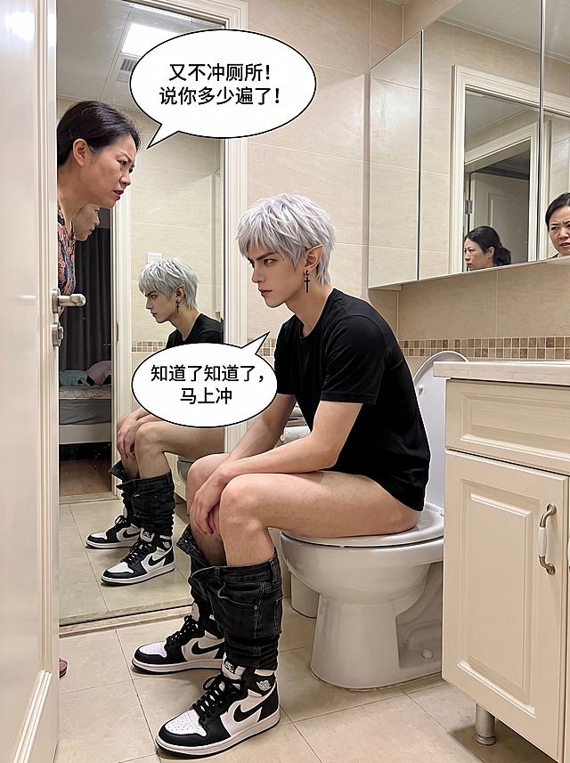 参考图中年轻亚裔痞帅阳光风格男生，银白蓬松碎翘短发，尖小耳，瘦脸精密五官骨相，锐利感、暗黑痞气，高双商外倾型，外在桀骜内在温柔，保留人物外貌和黑色上衣、黑牛仔裤、黑白高帮运动鞋的服装特征。真实自然生活瞬间，室内日常柔和光线，现代家庭卫生间场景，男生坐在马桶上，裤子褪到大腿处，表情有点尴尬又嘴硬不服输，卫生间门外站着一位中年女性家人探进头来责备他，男生侧脸朝向门外的家人，画面中有中文对话气泡，家人说“又不冲厕所！说你多少遍了！”，男生说“知道了知道了，马上冲”。环境布置符合真实卫生间空间布局，瓷砖墙面、洗手台、镜子，镜中形成人物相同动态的镜像投射，物理常识正确，人物行为合理自然，没有摆拍感，表情不复刻原图，不夸张搞笑，人物发型蓬松有层次不扁平塌陷，头身比例正常，脸部不过度瘦削骨化，眼部正常不凹小，面部年轻不老化，真实摄影质感，高细节