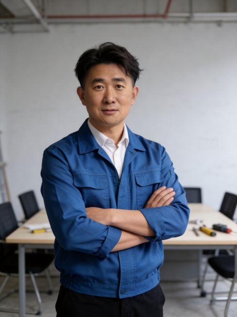 参考图中保留人物脸型、发型、年龄等特征生成防水维修专业形像照，简约商务风，标准焦段50mm,f/4光圈(f/2.8-f/4区间),平视视角(镜头与人物视线齐平);人物占画面70%,人物居中(居中构图)预览效果