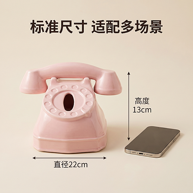 [主图-3] 粉色电话机纸巾盒尺寸规格展示。
[氛围风格] 清晰直观，简洁干净的产品说明风。
[画质] 商业摄影质感、光线柔和通透、产品清晰真实、画面干净高级。
[元素] 粉色电话机纸巾盒居中放置，搭配常见手机作为尺寸参照物，清晰标注产品直径22cm高度13cm，保持产品外观（即物理结构、材质质感、颜色）与输入产品图绝对一致，杜绝任何变形和色差，精细化处理。商品主体占比约65%，浅米色纯色背景，画面满屏无边框。
[光影] 均匀柔光布光，产品每个角度都清晰可见，没有过暗阴影和过曝高光，真实呈现产品大小比例。
[配色] 浅米色背景搭配产品柔粉色，文字深色清晰标注。
[视角构图] 俯视45度角，完整展示产品尺寸比例，参照物辅助直观理解大小。
[文字版式] 顶部标题文案为"标准尺寸 适配多场景"，底部标注「直径 22cm 高度 13cm」，数字放大突出，文字对比清晰易读。
[比例分辨率] 1:1 比例，2k 分辨率；文字清晰锐利，画面超高清。
[负向提示词] 变形，水印，文字错乱，产品图模糊，背景杂乱，尺寸标注错误