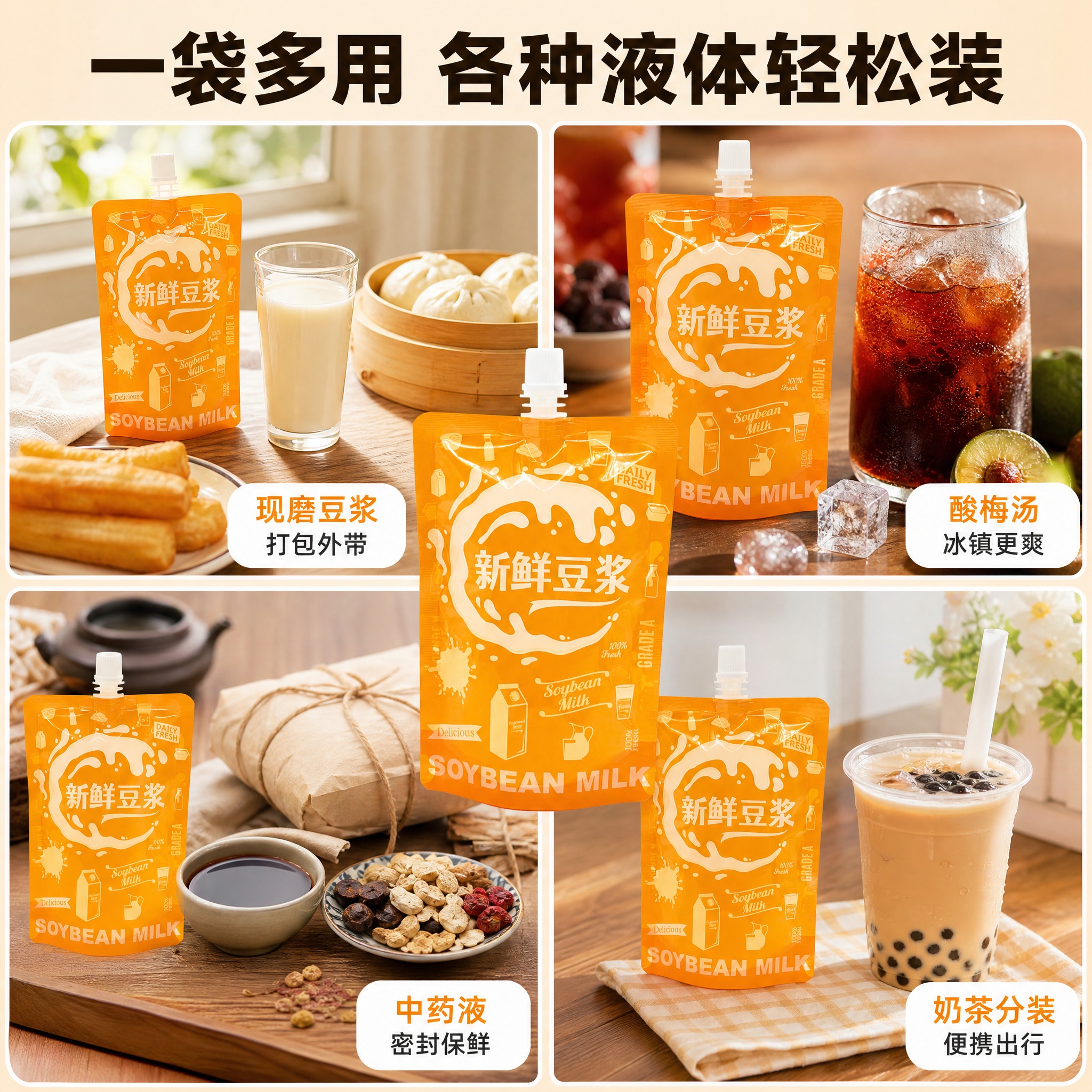 [主图-4] 食品级自立吸嘴袋 多场景用途图 豆浆酸梅汤中药奶… - 图片创意预览