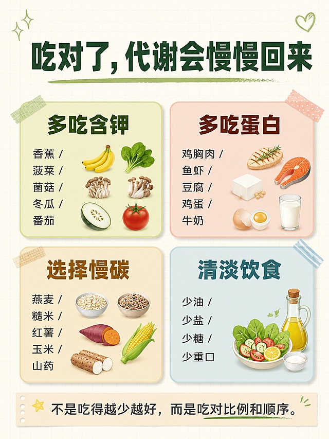 小红书笔记大字封面，插图大字，手账拼贴风，四卡片饮食重点布局，版式精美，小红书笔记封面质感，适合信息流点击。主标题必须完整呈现且为画面顶部视觉中心，逐字锁定：「吃对了，代谢会慢慢回来」。主标题字号占画面约 22% 视觉权重，清晰可读，不得增删改字。画面主体为四个圆角矩形饮食重点卡片，2x2 排列：左上卡片标题「多吃含钾」，配浅黄绿色底色，下方食物：香蕉 / 菠菜 / 菌菇 / 冬瓜 / 番茄；右上卡片标题「多吃蛋白」，配浅粉橙色底色，下方食物：鸡胸肉 / 鱼虾 / 豆腐 / 鸡蛋 / 牛奶；左下卡片标题「选择慢碳」，配浅米黄色底色，下方食物：燕麦 / 糙米 / 红薯 / 玉米 / 山药；右下卡片标题「清淡饮食」，配浅蓝绿色底色，下方要点：少油 / 少盐 / 少糖 / 少重口。底部总结文字：「不是吃得越少越好，而是吃对比例和顺序。」。背景：浅米白色细网格纸纹理背景。标题排版：顶部主标题用墨绿色扁平粗黑体，卡片小标题用对应深色粗黑体，卡片内容文字用深灰色细体，四个卡片色彩区分清晰。插画：每个卡片角落配一个对应食物的极简扁平小插画（如香蕉、鸡蛋、红薯、蔬菜叶），风格简洁专业不幼稚。装饰：卡片加细描边和轻微阴影，底部总结文字加浅米色底条，整体层次分明。整体氛围：健康饮食干货、清晰实用、专业可信、清爽不油腻。画质：高清细腻，信息层级清晰，文字完整处于安全区内不可裁切，四周留安全边距。画面比例 3:4，4K。