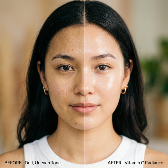 Split face portrait of a young woman, left side dull and yellowish skin with uneven tone, right side预览效果