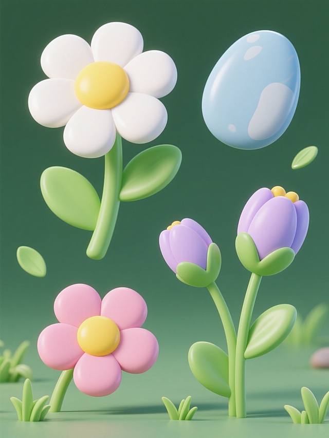 一组4个不同配色、不同样式的3D材质可爱元素，整体呈现干净简洁的风格，符合现实逻辑，适用于素材使用。每个元素都具有圆润的轮廓和柔和的光影效果，表面光滑细腻，带有轻微的光泽感。元素造型包括一朵盛开的白色雏菊（黄色花心、绿色茎秆和叶子）、一块椭圆形的浅蓝色鹅卵石、两朵含苞待放的小花（一朵为粉色花瓣黄色花心，另一朵为淡紫色花瓣黄色花心，均搭配绿色茎秆和叶子），以及几片零散的绿色小草叶。所有元素布局自然，错落有致，色彩搭配清新明快，具有良好的视觉层次感和独立使用性。