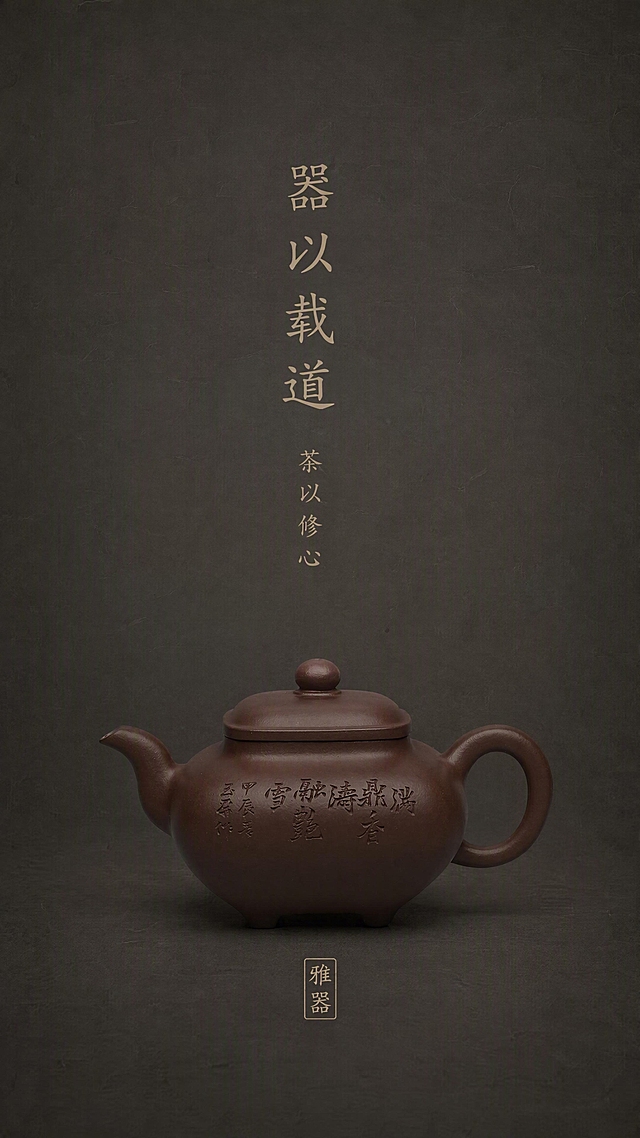第13屏 尾屏收束。本张使用【图1】四方传炉紫砂壶作为商品主体，保持壶身造型、紫砂棕颜色、比例、篆刻位置与原图完全一致。垂直构图品牌意境收尾视觉，深灰宣纸质感背景。画面中央偏下放置四方传炉紫砂壶侧影，壶体略偏暗调，与背景柔和相融，呈现器物沉静之美。画面上方大面积留白，居中放置纤细书法标题"器以载道"，标题下方小字"茶以修心"，文字为淡金色，疏朗空灵。壶下方有一枚极简淡金印章式装饰，印文为"雅器"二字。整体氛围静谧、深远、余韵悠长，新中式极简禅意，低饱和深棕灰色调，无任何促销信息，无水印。