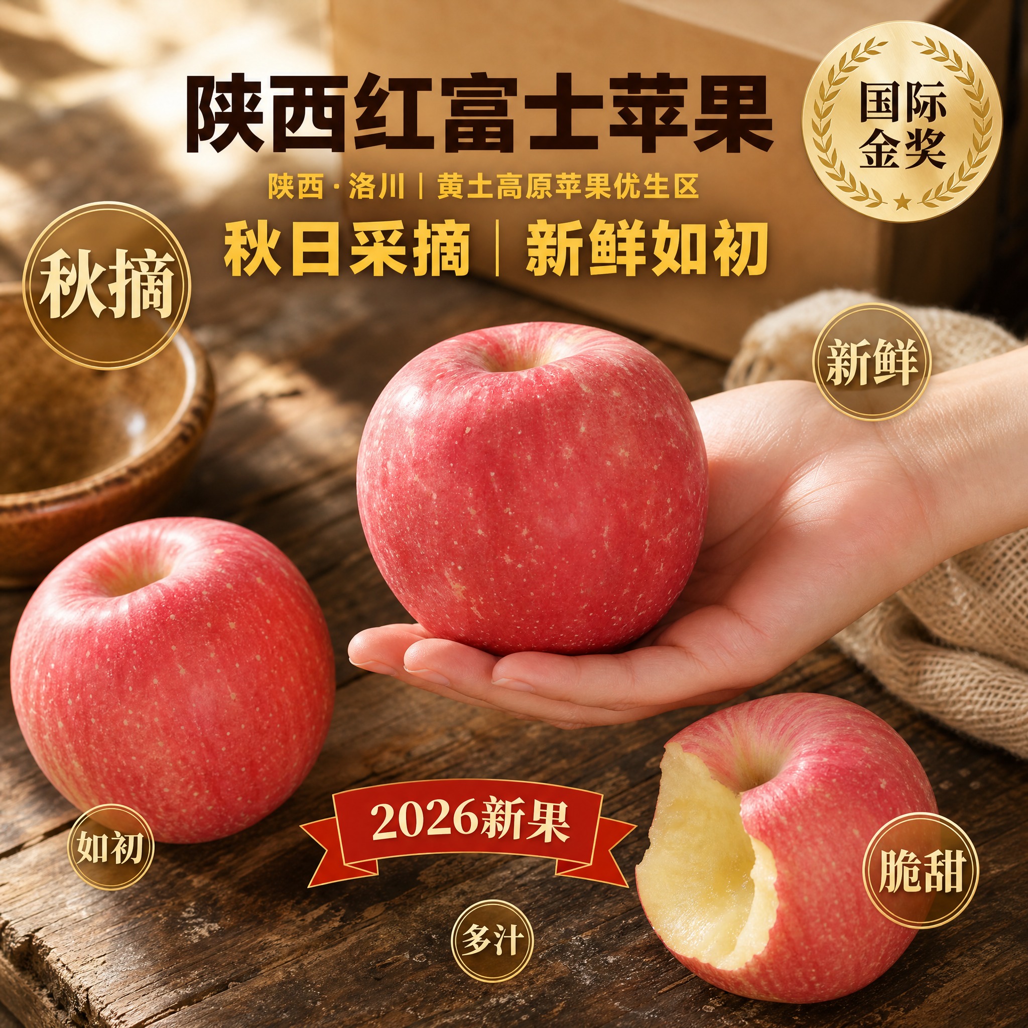 [主图28] 陕西红富士苹果京东生鲜电商主图，主题为老旧门板桌… - 图片创意预览