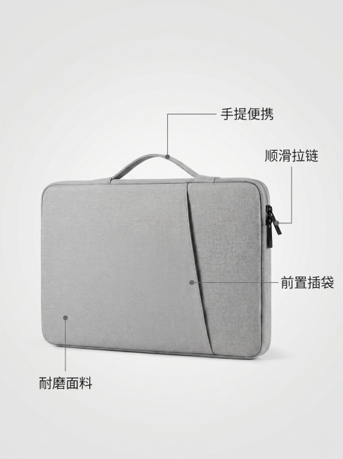 [主图 2] 手提电脑包核心功能卖点展示。[氛围风格] 简约商务实用风，和首图风格保持统一。[画质] 商业摄影质感，光线柔和通透，产品清晰真实，画面干净高级。[元素] 浅灰色手提电脑包居中，使用极细引预览效果