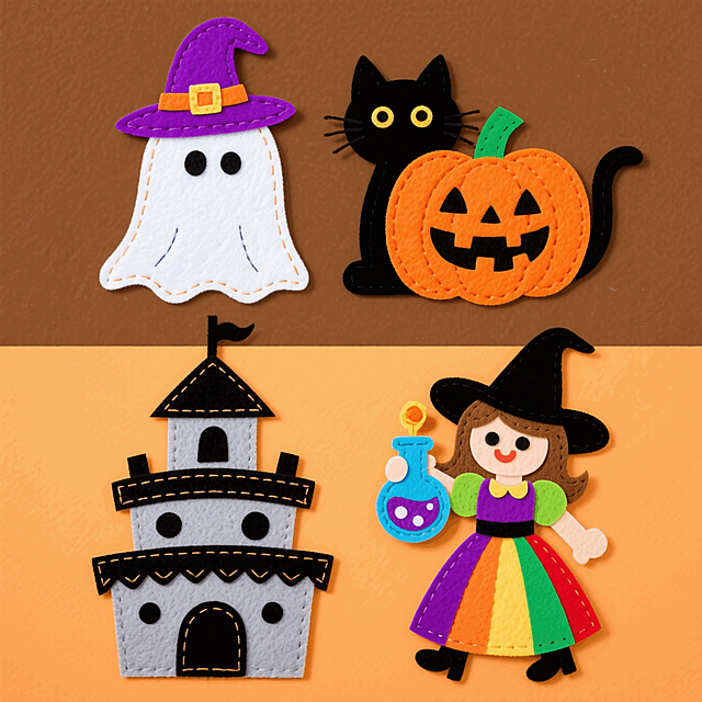 4个万圣节元素，上下两行整齐排列，分别是：戴着巫师帽的幽灵、一只黑猫坐在万圣节南瓜灯上、鬼屋城堡、女巫拿着魔法药水，棕色背景。