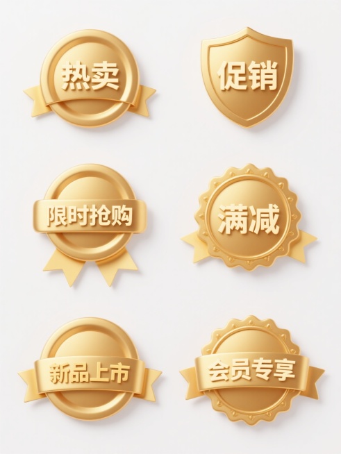 六个完全不同促销元素的金色徽章图标集合，保持原3D质感与金属光泽，采用纯色背景并变换整体色彩，包含"热卖"、"促销"、"限时抢购"、"满减"、"新品上市"、"会员专享"文字，规整排布成系列素材，金色丝带与装饰边框，圆形与盾形结合的徽章设计，白色底色上的金色立体效果，适合电商促销使用的标签设计集合。预览效果