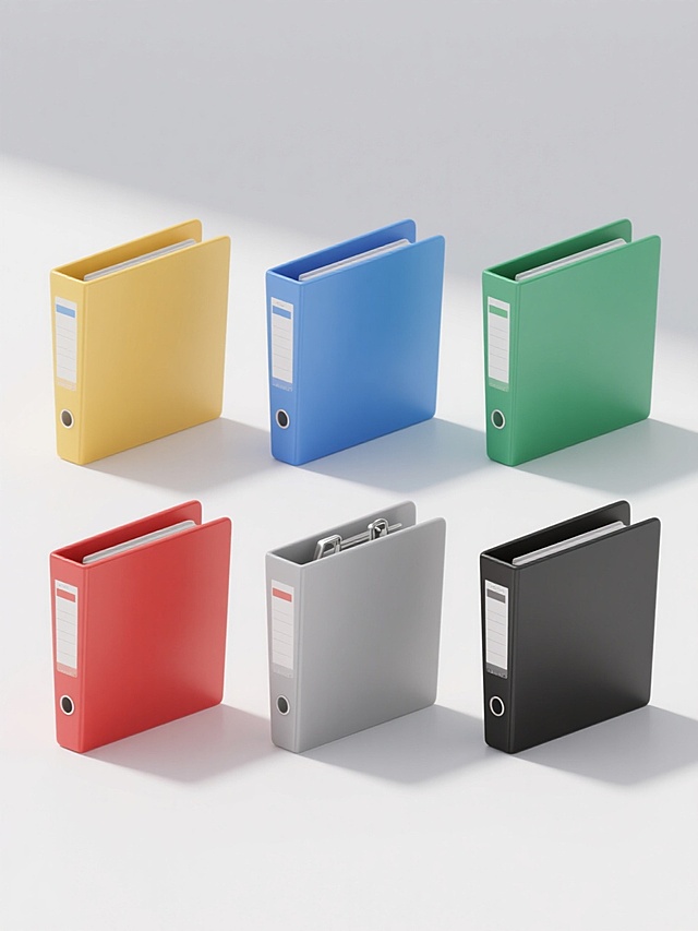 3D渲染风格，六个不同样式和材质的文件夹，白色背景，排列整齐，配色简洁。文件夹呈现出光滑的塑料质感，具有柔和的高光和自然的阴影效果，光源来自左上方，光线强度适中，营造出专业、整洁的氛围。每个文件夹的颜色为简约的单色调，如黄色、蓝色、绿色、红色、灰色和黑色，形态包括标准型、带标签型、双夹型等不同设计。整体构图采用对称美学，文件夹以两行三列的矩阵形式均匀分布，视觉层级清晰，信息传达效率高，符合办公文具的专业设计感，适合商务或学习场景使用。