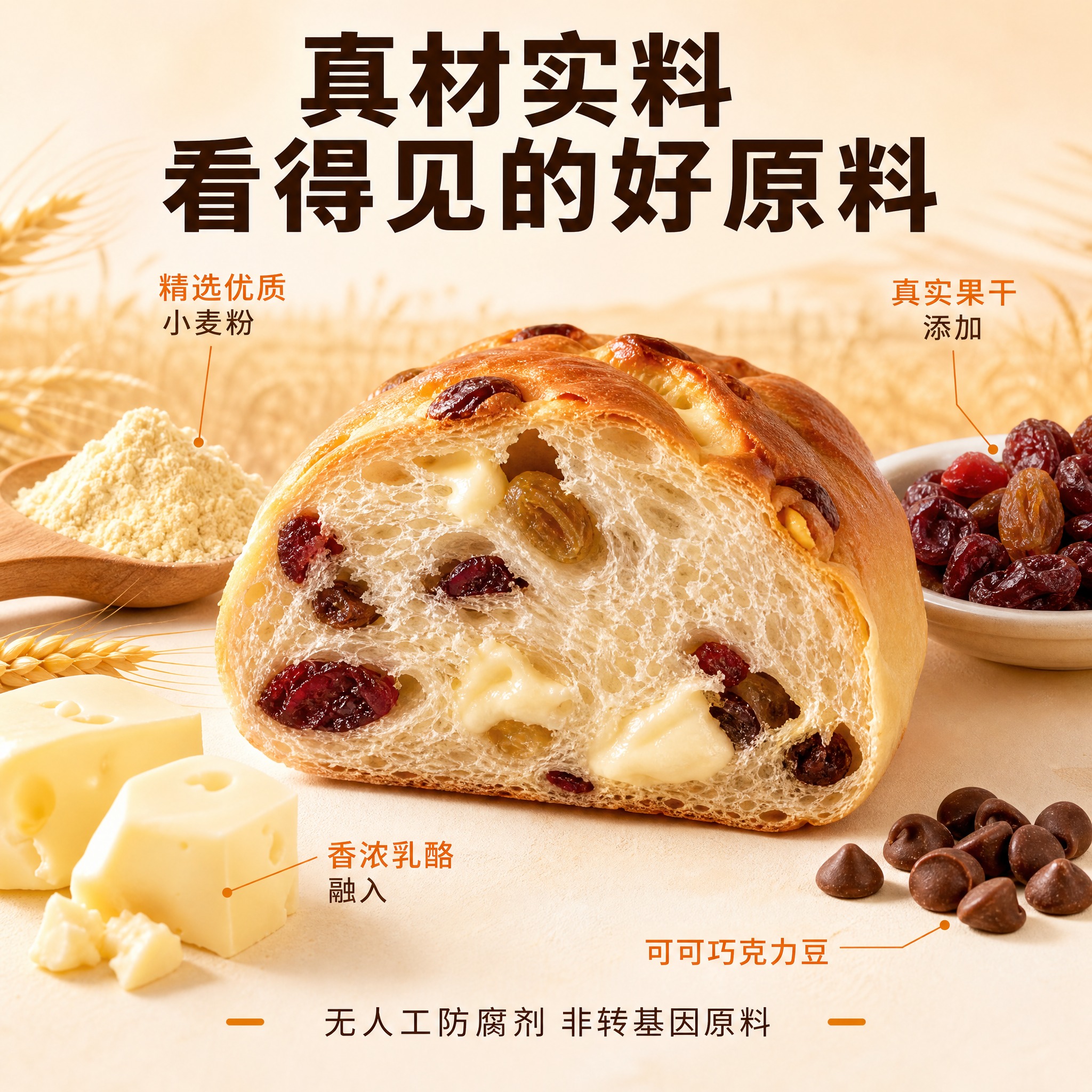 [主图-2 短保面包原料卖点] 主题：优质原料 真实果干乳酪… - 图片创意预览
