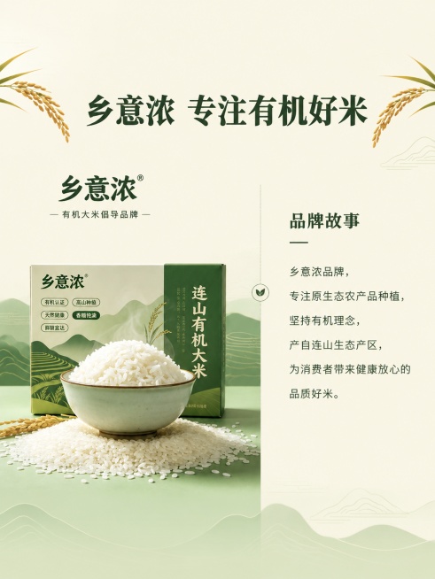 [第8屏] 品牌故事-乡意浓品牌简介屏。本屏使用【图1】作为产品展示。[氛围/风格] 品牌文化展示，简洁大气，保持风格统一。[元素布局] 左侧放置品牌Logo和产品包装盒，占比约40%，保持包装与原图预览效果