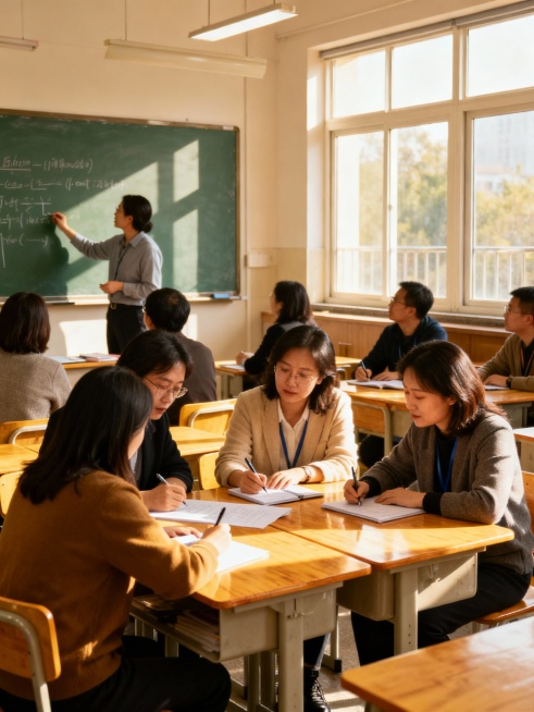 一张竖版3:4的教育机构多个老师研学试课的场景预览效果