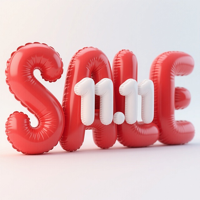 3D充气风“SALE”字样，重拟物质感，红白撞色突出11.11促销主题，节日氛围浓厚。