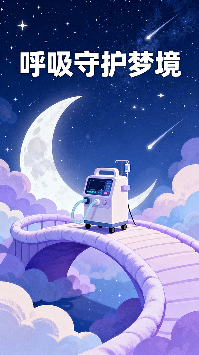 以“呼吸守护梦境”为核心的主海报，静谧星空下平稳呼吸曲线化作柔软梦境桥梁，呼吸机呈现轻量化治愈形态，画面环绕月亮、云朵、流星元素，整体为蓝紫渐变梦幻色调，风格柔和治愈，是扁平化创意插画，细节丰富不杂乱，构图饱满有层次，兼顾医疗科普属性与艺术感，适合线上传播